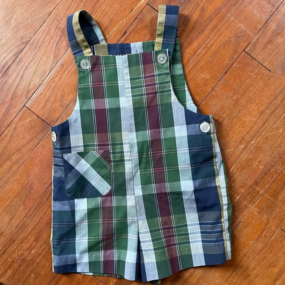 Vintage 60s Healthtex Matching Sibling Pair Toddler Plaid Shortalls, 2T & 3T